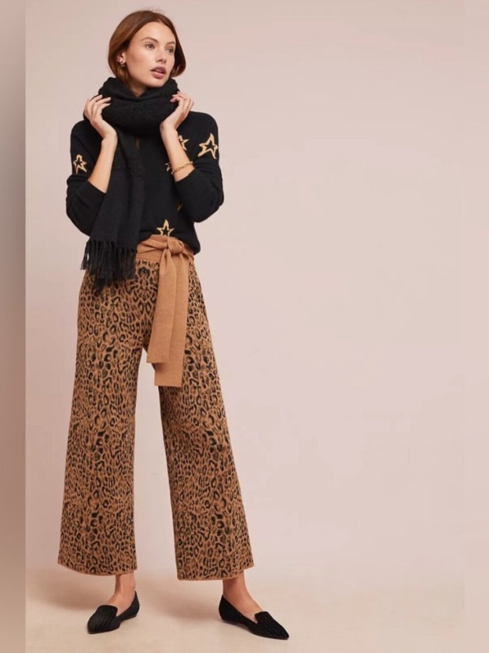 Anthropologie Moth Boho Chic Leopard Print Wide Leg Knit Pants Tie Waist - Sz S